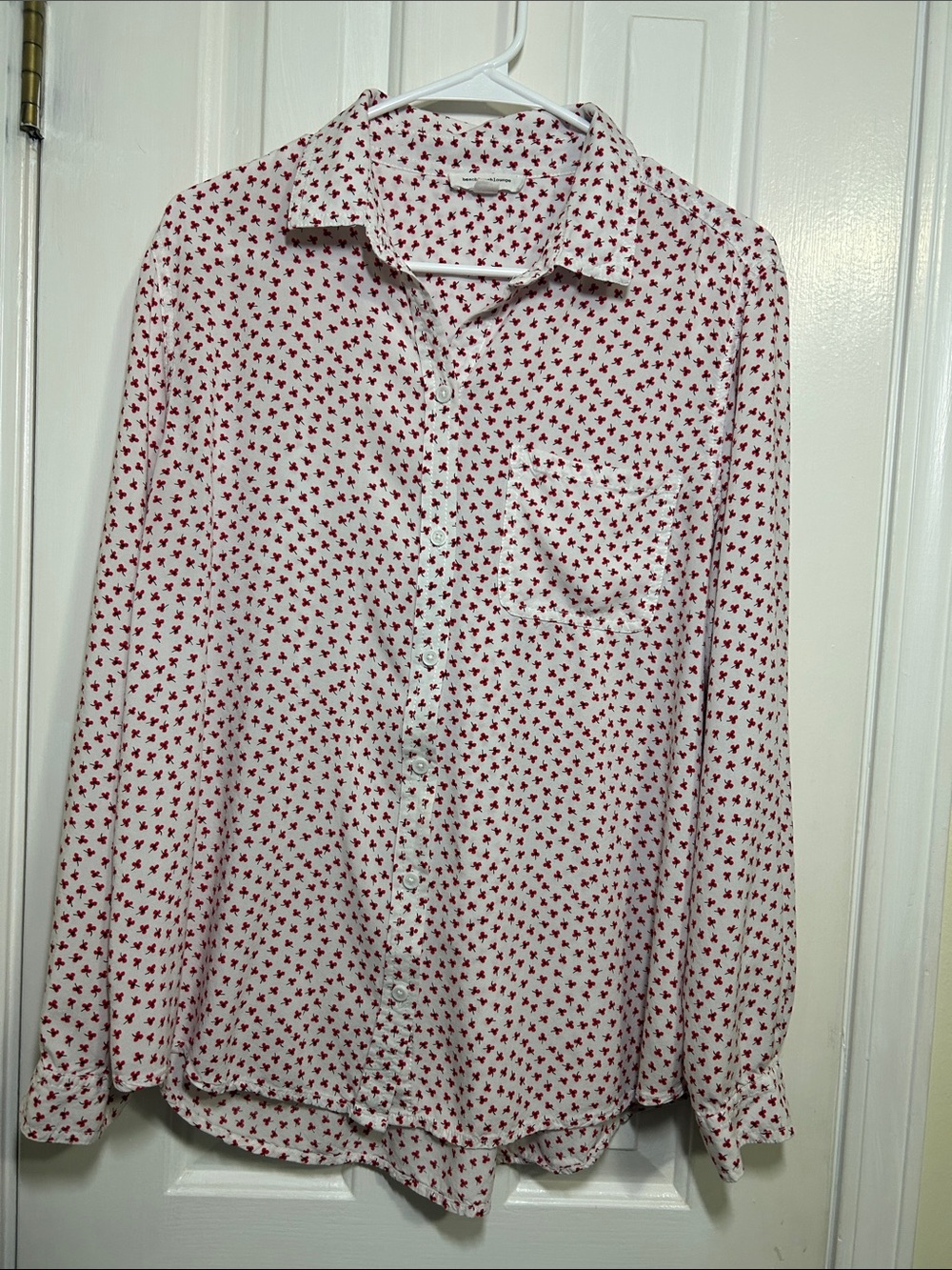 Beachlunchlounge Tiny Red flower Print Long Sleeve Button, XL